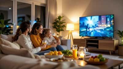 Família assistindo programação da TV Globo em uma smart TV na sala de estar