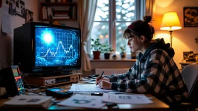 A student doing physics homework on radiation half-life beside a paused Fallout video game