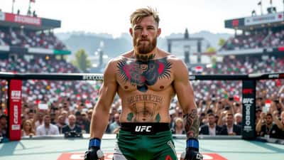 Conor McGregor no octógono do UFC com iluminação dramática de arena
