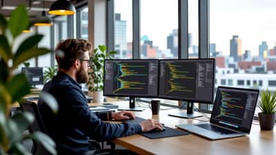 Consultant IT canadien analysant des workflows d'agents IA sur des écrans dans un espace de co-working à Montréal