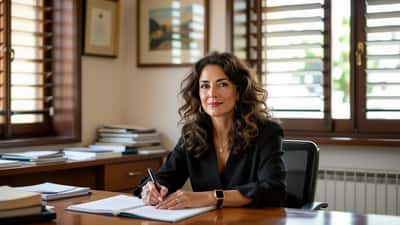 Psicologa italiana seduta alla scrivania del suo studio a Roma con appunti clinici, luce naturale pomeridiana