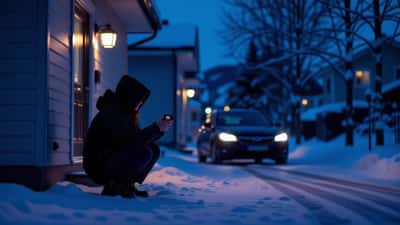 Person med relay-enhet ved en moderne bil i en norsk innkjørsel om natten
