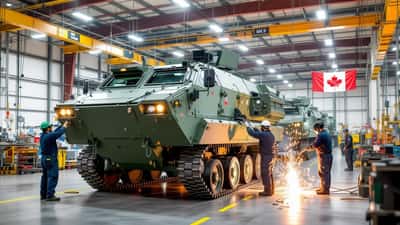 Workers assembling an armoured combat support vehicle at a defence plant in London, Ontario