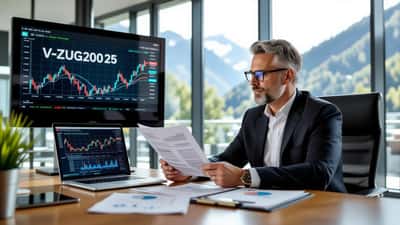 Conseiller financier analysant les résultats annuels V-ZUG et Metall Zug sur un écran dans un bureau à Zoug, Suisse
