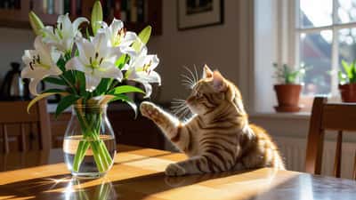 Nieuwsgierige kat snuffelt aan een lelie — een van de giftigste planten voor katten