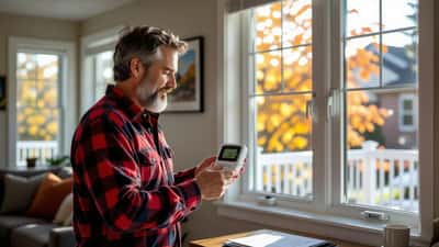 Canadian homeowner checking thermostat showing above-average September temperature in Toronto home with autumn maple trees in background