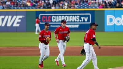 Cleveland Guardians and Tampa Bay Rays players during a 2026 MLB game at Progressive Field