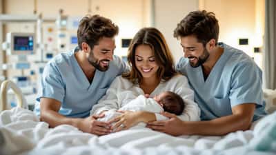 Casal português em maternidade com bebé recém-nascido nos braços, ilustrando o recorde de nascimentos em Portugal em 2026