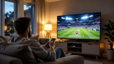 Person schaut zuhause auf einen großen Flachbildfernseher — Streaming-Alternative zum Kabelfernsehen für WM 2026