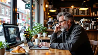 Butiksejer kigger bekymret på laptop med CCTV-optagelse i baggrunden i dansk café