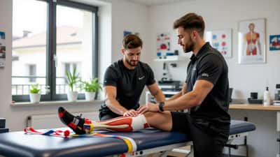 Fisioterapeuta a tratar joelho de atleta numa clínica de medicina desportiva em Lisboa