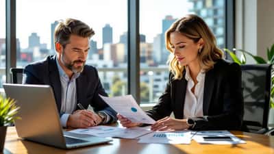 Australian financial adviser and client reviewing UK share and pension documents in a Sydney office