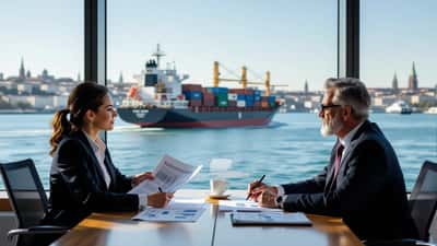Consultor financeiro revê portefólio com documentos de sanções da UE em escritório de Lisboa com vista para o Tejo