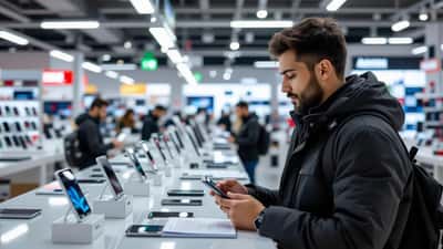 Hombre revisando documentos de garantía de un teléfono inteligente en una tienda de electrónica