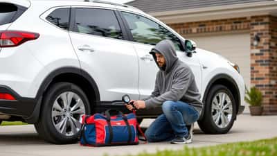 Man checking tyre pressure on a white SUV in suburban Sydney driveway before NRL road trip to Newcastle