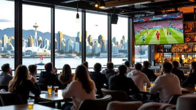 Canadian soccer fans watching a FIFA World Cup 2026 match in a sports bar