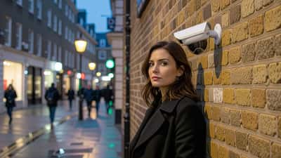 Woman on rain-slicked London street at night glancing over her shoulder past a CCTV camera, illustrating UK stalking and surveillance law