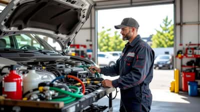 Mechanic connecting refrigerant gauge set to car air conditioning system in Ontario auto repair shop during summer heat