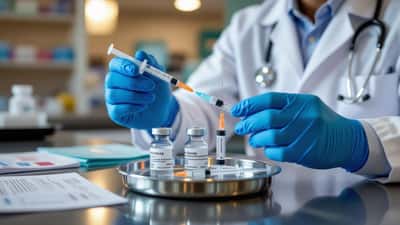 Pharmacist preparing flu, COVID, and RSV vaccine syringes at a US pharmacy counter