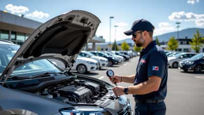 Autofahrer öffnet Motorhaube auf überhitztem Parkplatz in Wien bei 40 Grad Sommerhitze