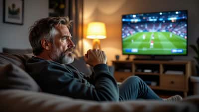 Dansk mand ser spændende fodboldkamp på tv med tydelig stress