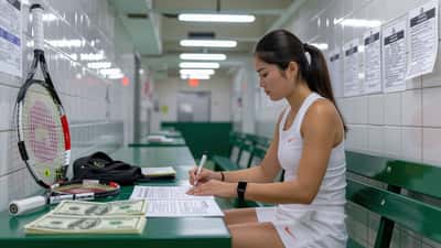 Tenista profesional revisando documentos financieros en el vestuario del US Open 2026