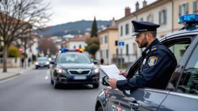 Gendarme contrôlant les documents d'un conducteur à la fenêtre de sa voiture en bord de route