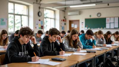 Studenti italiani concentrati durante la seconda prova di matematica della maturità 2026 in una palestra scolastica