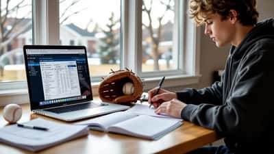 Student doing baseball statistics homework with MLB box score on laptop and baseball glove on desk