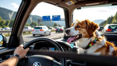 Hechelnder Hund im Auto während eines sommerlichen Staus auf der A2 Südautobahn