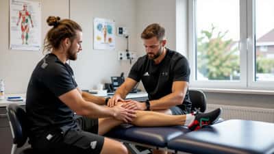 Sportarts onderzoekt de achillespees van een patiënt in een sportmedische kliniek