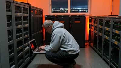 IT-sérfræðingur athugar þjón í skrifstofuþjónaherbergi við rafmagnsleysi á Íslandi