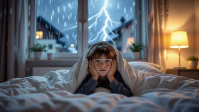 Enfant anxieux caché sous une couverture pendant un orage violent, chambre suisse