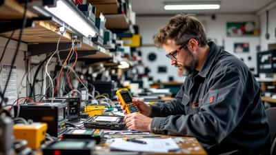 Técnico de eletrónica a diagnosticar telemóvel com bateria inchada por calor extremo num atelier em Lisboa