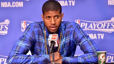 NBA player Paul George in action during an Indiana Pacers basketball game