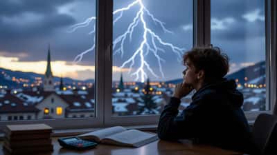 Schüler beobachtet Blitze am Fenster und rechnet die Gewitterentfernung im Physikheft aus