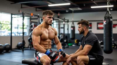 MMA fighter pressing ice pack to face in Australian gym after sparring session