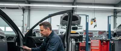 Monteur koppelt OBD2-diagnostische tool aan auto in Nederlandse garage