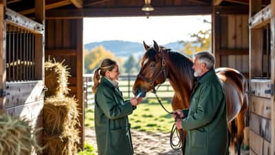 Veterinário a vacinar um cavalo castanho numa cavalariça no Alentejo contra a Febre do Nilo Ocidental