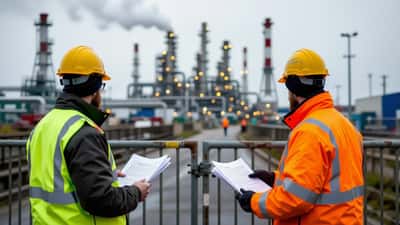 Workers in high-vis jackets at the gates of an industrial chemical plant in Hull, England