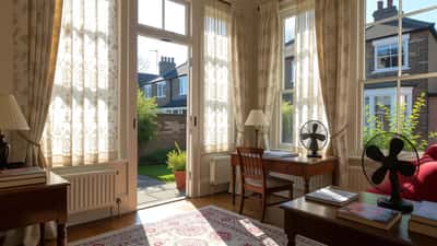 UK terraced house with curtains drawn and fan in window during record June heat wave