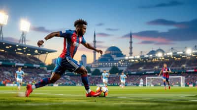 Jean-Philippe Mateta i Crystal Palace-tröja med Istanbuls siluett i bakgrunden