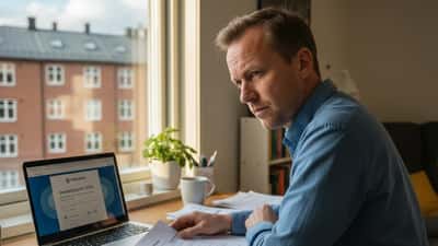 Mann gjennomgår skatteoppgjøret 2026 på laptop med papirdokumenter i hjemmekontor i Oslo