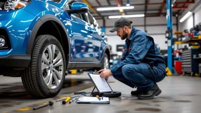 Mecânico inspecionando o pneu de um carro em uma oficina antes de uma viagem de estrada