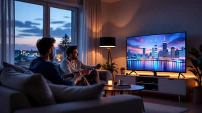 Gamer og IT-ekspert diskuterer GTA 6 på TV-skjerm i en norsk stue