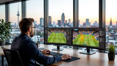 IT-consultant analyseert hockeydata op dubbele monitors in modern Amsterdam kantoor 2026