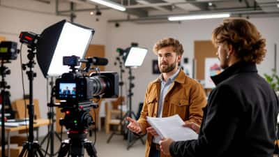 Jonge acteur op een filmset met begeleider en contractdocumenten