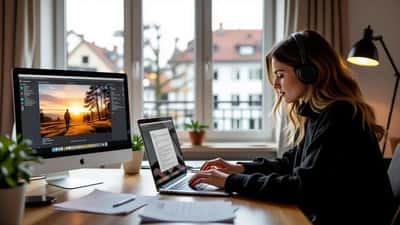 Frau tippt DSGVO-Auskunftsanfrage auf Laptop, Streaming-Plattform im Hintergrund, Datenschutzdokument auf dem Schreibtisch
