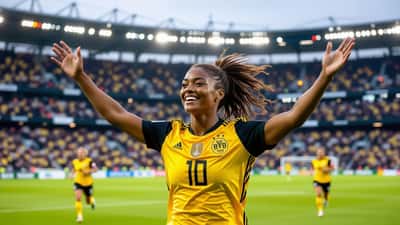 Schwarzer Profi-Fußballer feiert Tor unter Flutlicht im WM-2026-Stadion