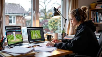 A student doing maths homework beside a laptop showing a Duckworth-Lewis-Stern cricket target during a rain break in the England v India ODI